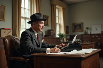 Homme d'âge moyen en costume des années 1930 dans un bureau vintage