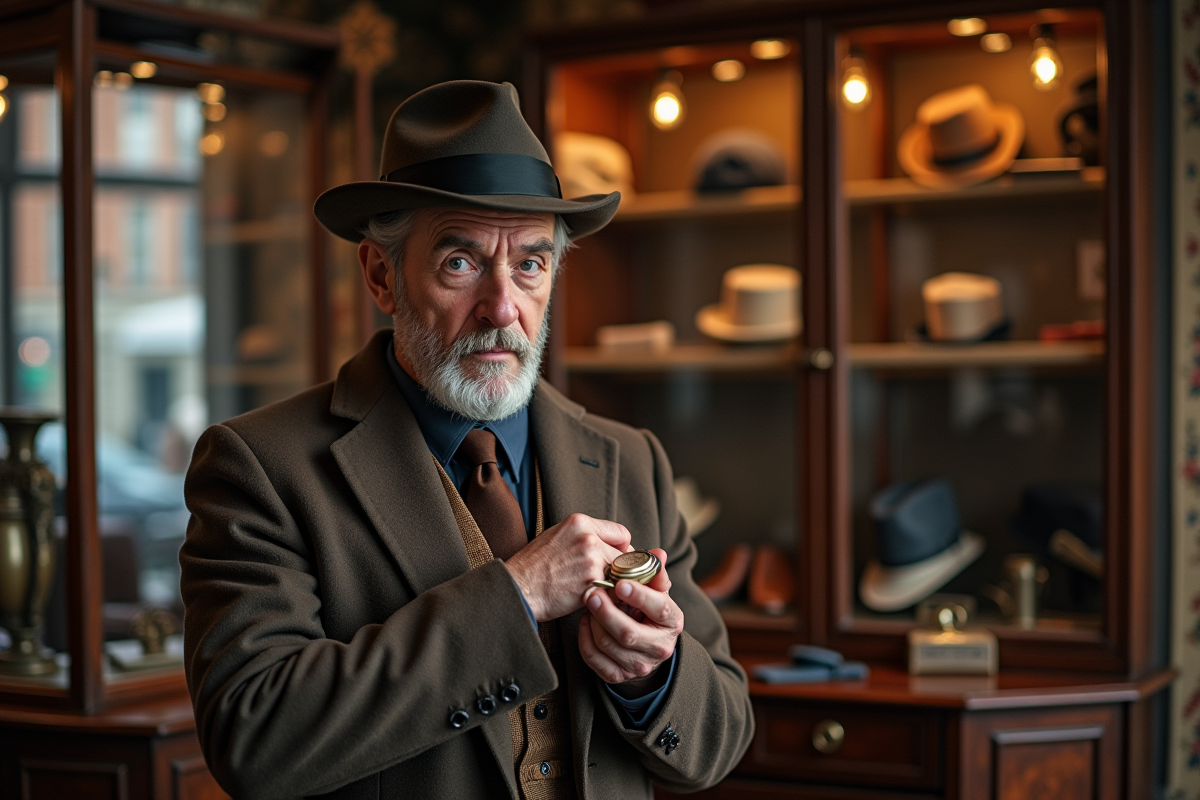 Homme âgé dans une boutique vintage contemplant une montre ancienne