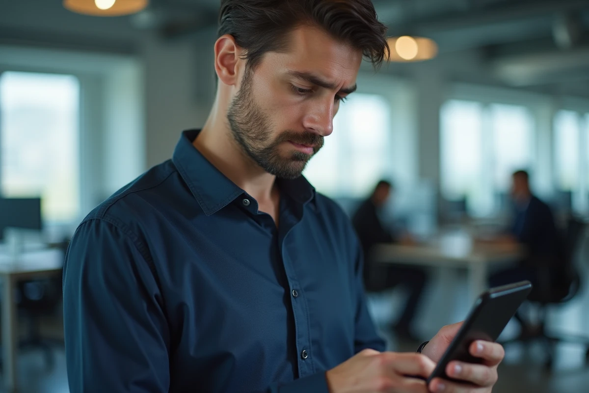 Homme en bureau examinant un appel entrant d'un numéro inconnu sur son smartphone