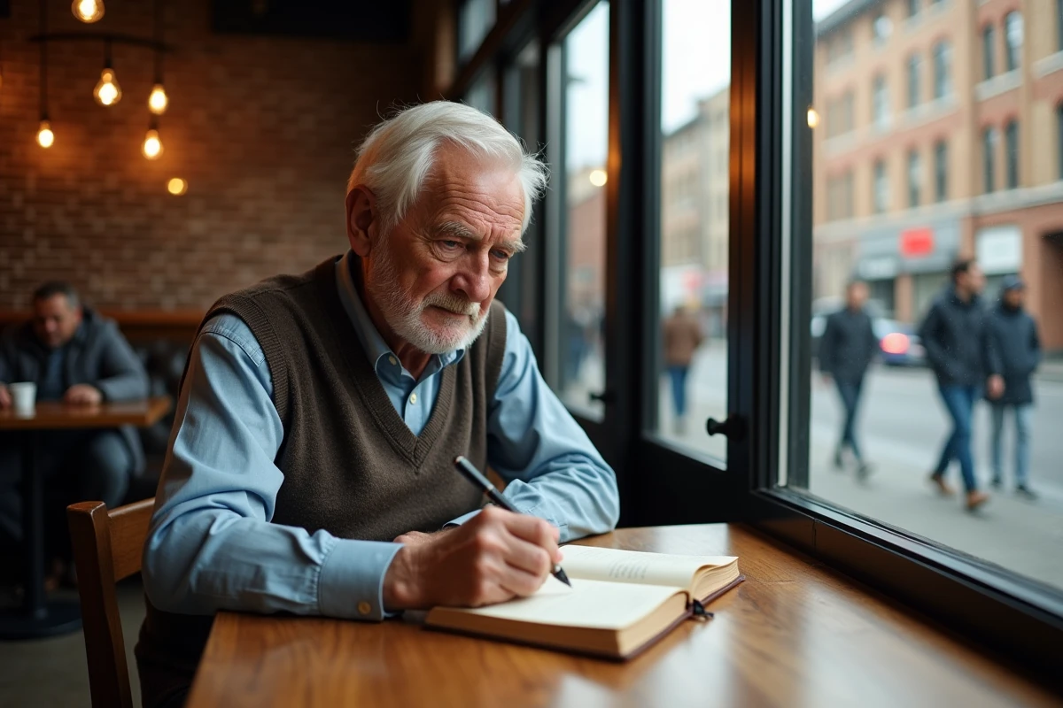 Homme âgé écrivant dans un journal au café ensoleillé