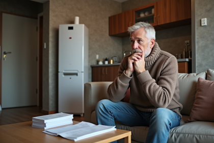 Homme réfléchissant entre chaudière gaz et chauffage électrique