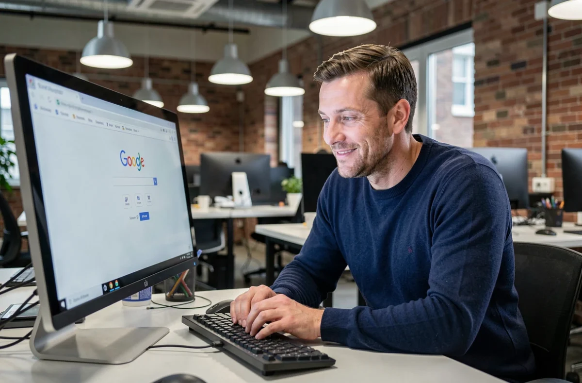 Homme en espace de coworking regardant Google sur un grand écran de bureau avec un sourire amusé