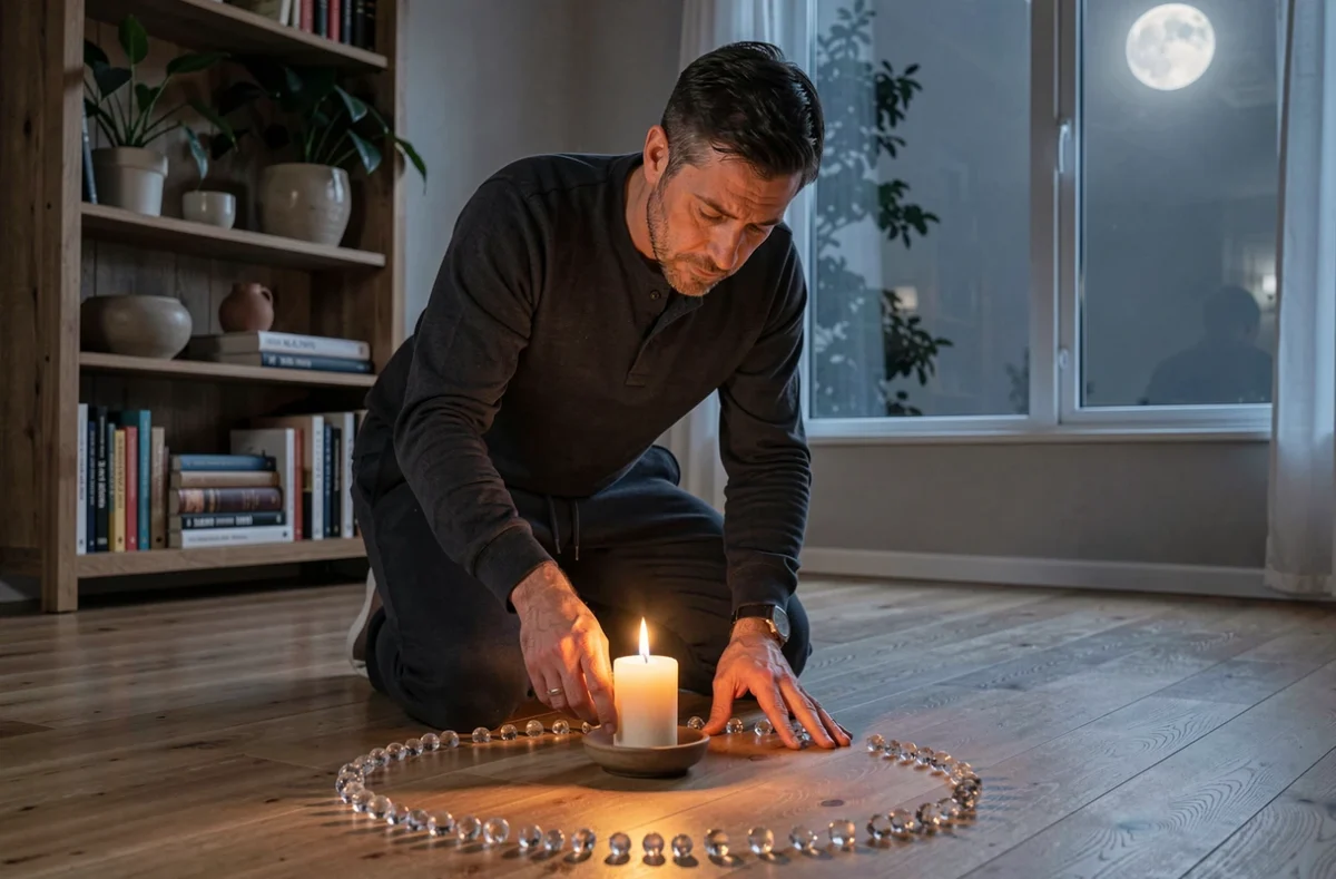 Homme disposant des cristaux en cercle pour purifier les énergies de son salon sous la pleine lune de novembre