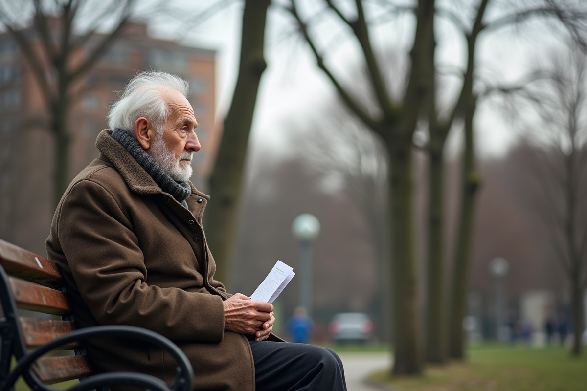 Homme âgé lisant un relevé de pension dans un parc