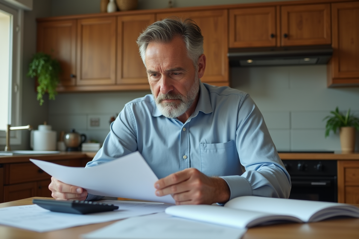 Homme d'âge moyen en intérieur examine ses finances