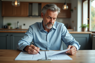 Homme d'âge moyen examine des documents de prêt immobilier