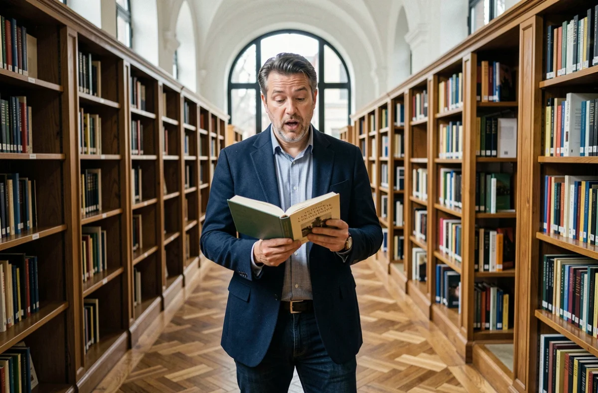Homme adulte lisant un recueil de poésie française à voix haute dans une bibliothèque classique avec de grandes étagères en bois