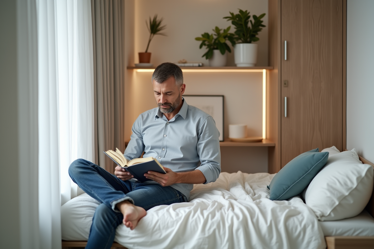 Homme lisant dans une petite chambre moderne et chaleureuse