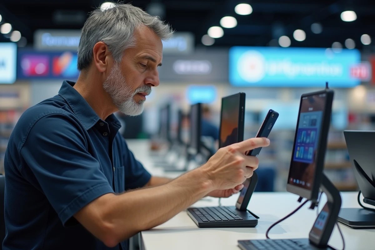 Homme examinant un smartphone Samsung Galaxy dans un magasin pour trouver le meilleur rapport qualité prix