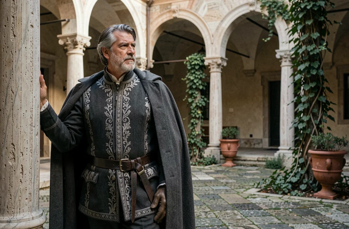 Homme d'âge mûr en élégant costume Renaissance dans la cour d'un palazzo florentin historique
