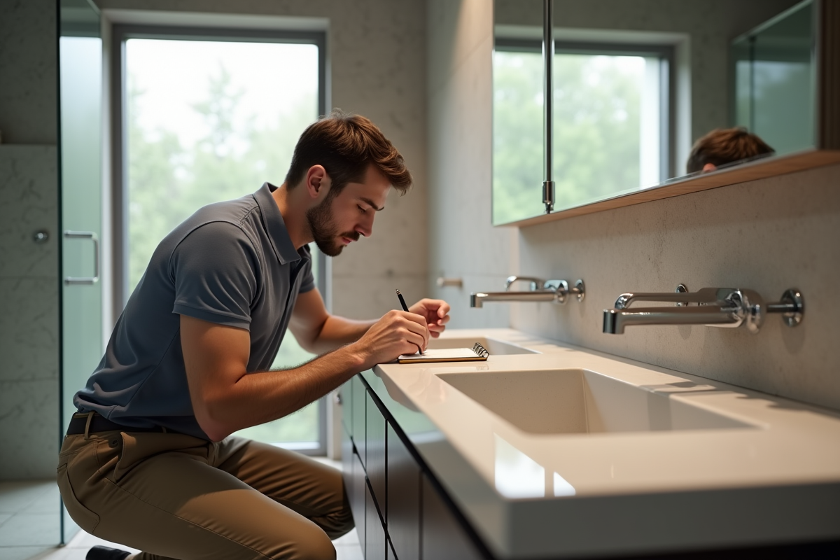 Homme vérifiant une vanité Dekton dans une salle de bain