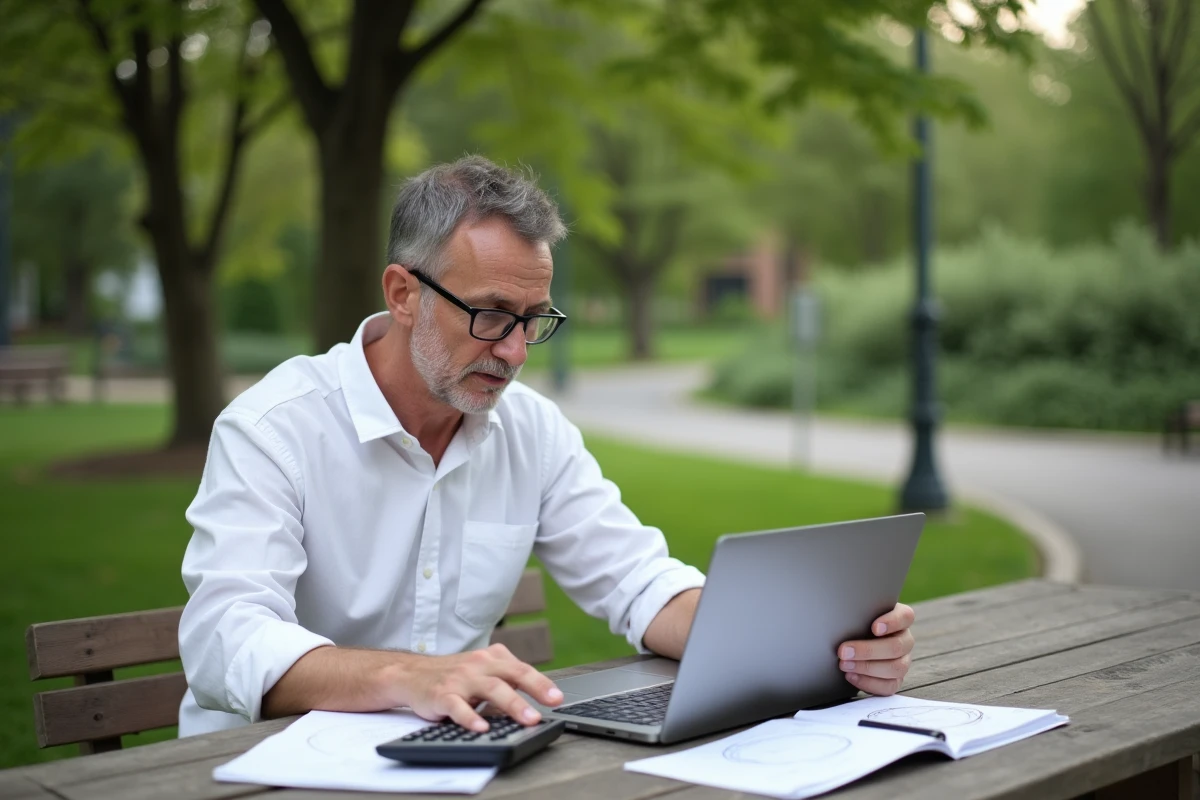Homme en plein air utilisant ordinateur et calculatrice