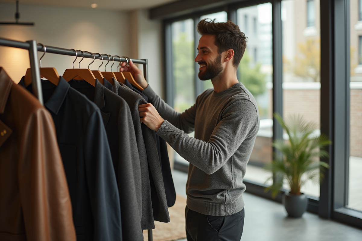 Homme arrangeant des tenues sur un portant dans un salon lumineux