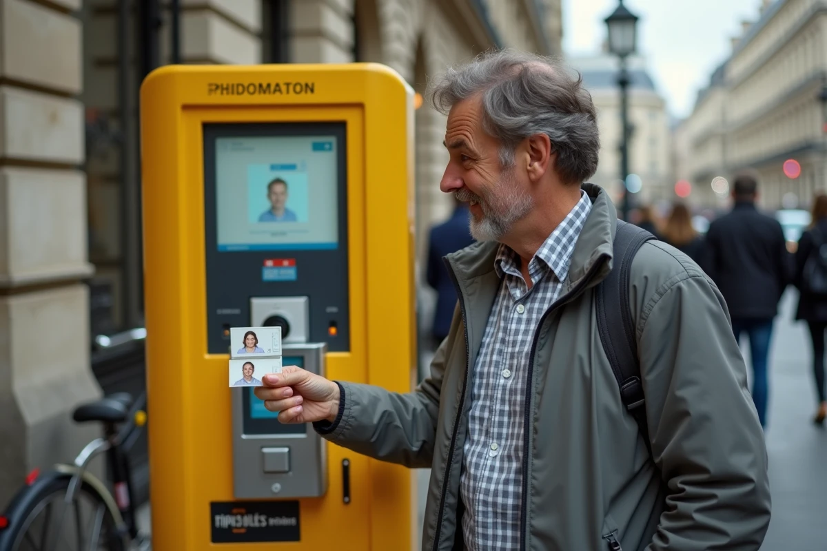 Homme récupérant ses photos d'identité imprimées depuis un photomaton jaune dans une rue de Paris