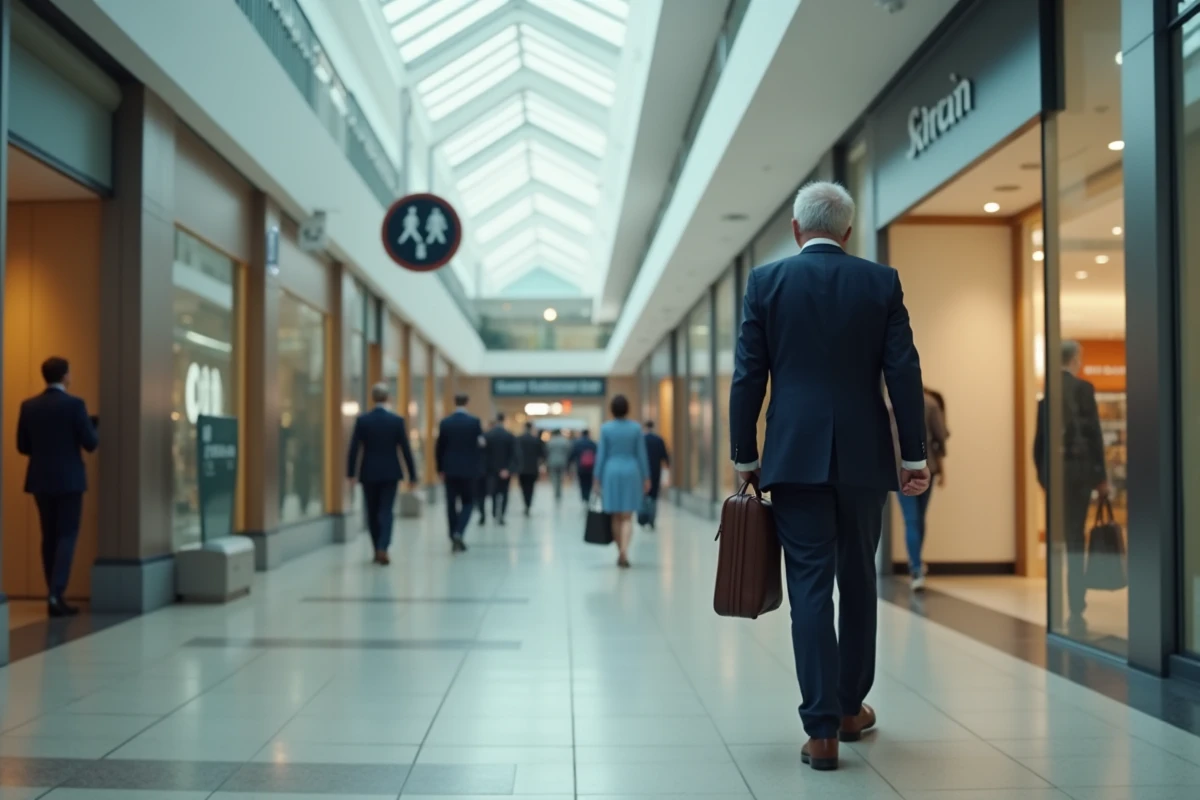 Homme d affaires avec mallette cherchant toilettes en centre commercial