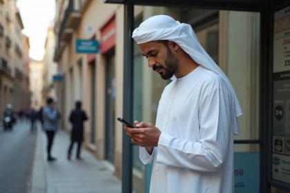 Homme maghrebin priant à Toulouse vérifiant l'heure de prière