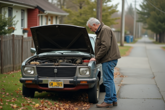 Homme d'âge moyen examine le moteur d'une vieille voiture