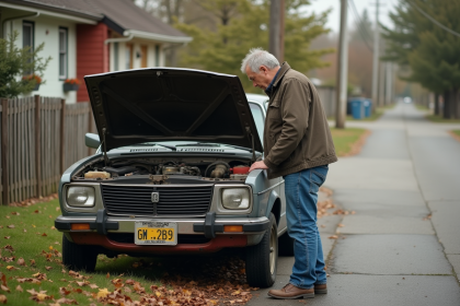 Homme d'âge moyen examine le moteur d'une vieille voiture