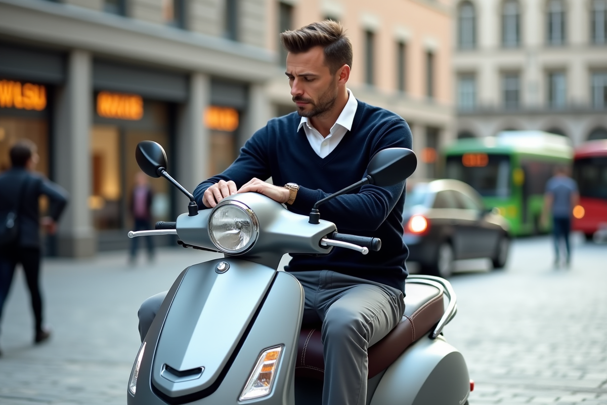 Homme en business casual sur scooter en espace urbain