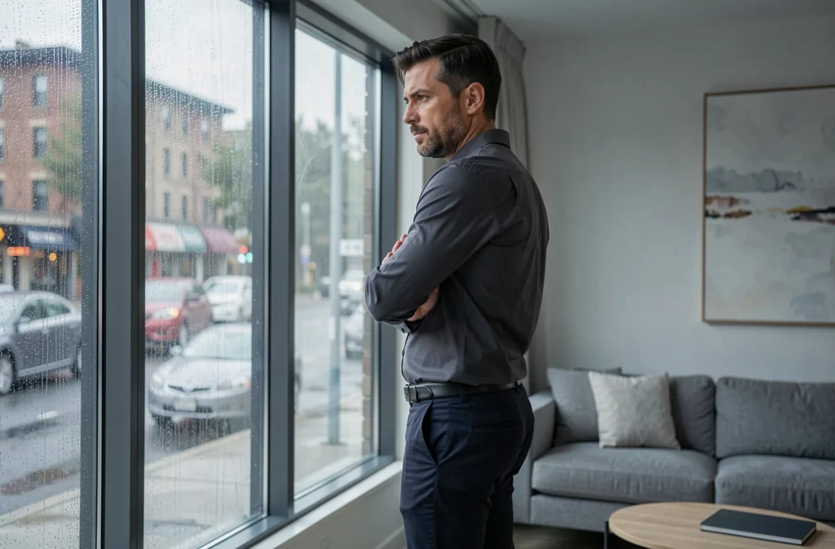 Homme distant et silencieux près d'une fenêtre, illustrant le comportement de retrait d'un narcissique