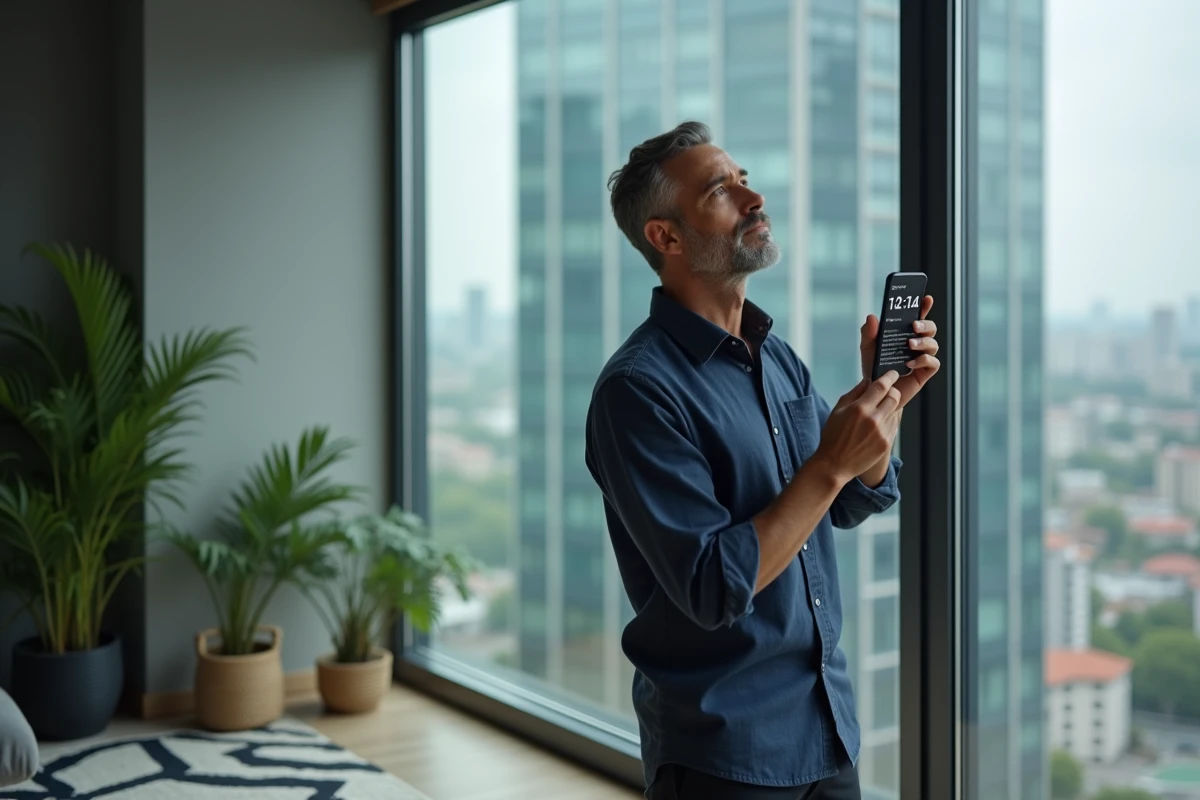 Homme tenant un smartphone affichant 14h14, réflexion sur la signification des heures miroirs et des anges gardiens
