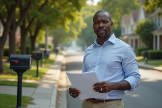 Homme africain americain tenant documents de zonage dans un quartier résidentiel