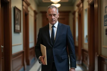 Huissier de justice en costume sombre tenant une enveloppe officielle dans un couloir de palais de justice