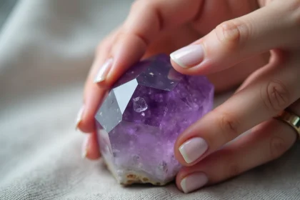 Main tenant un cristal d'am&eacute;thyste brute pour identifier ses caract&eacute;ristiques naturelles et reconna&icirc;tre une vraie pierre pr&eacute;cieuse violette