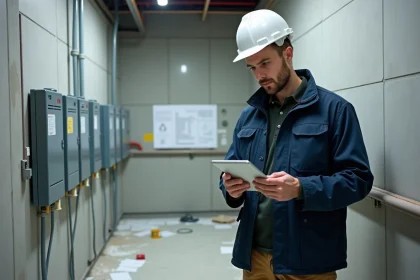 Ing&eacute;nieur homme en chantier avec tablette dans un escalier