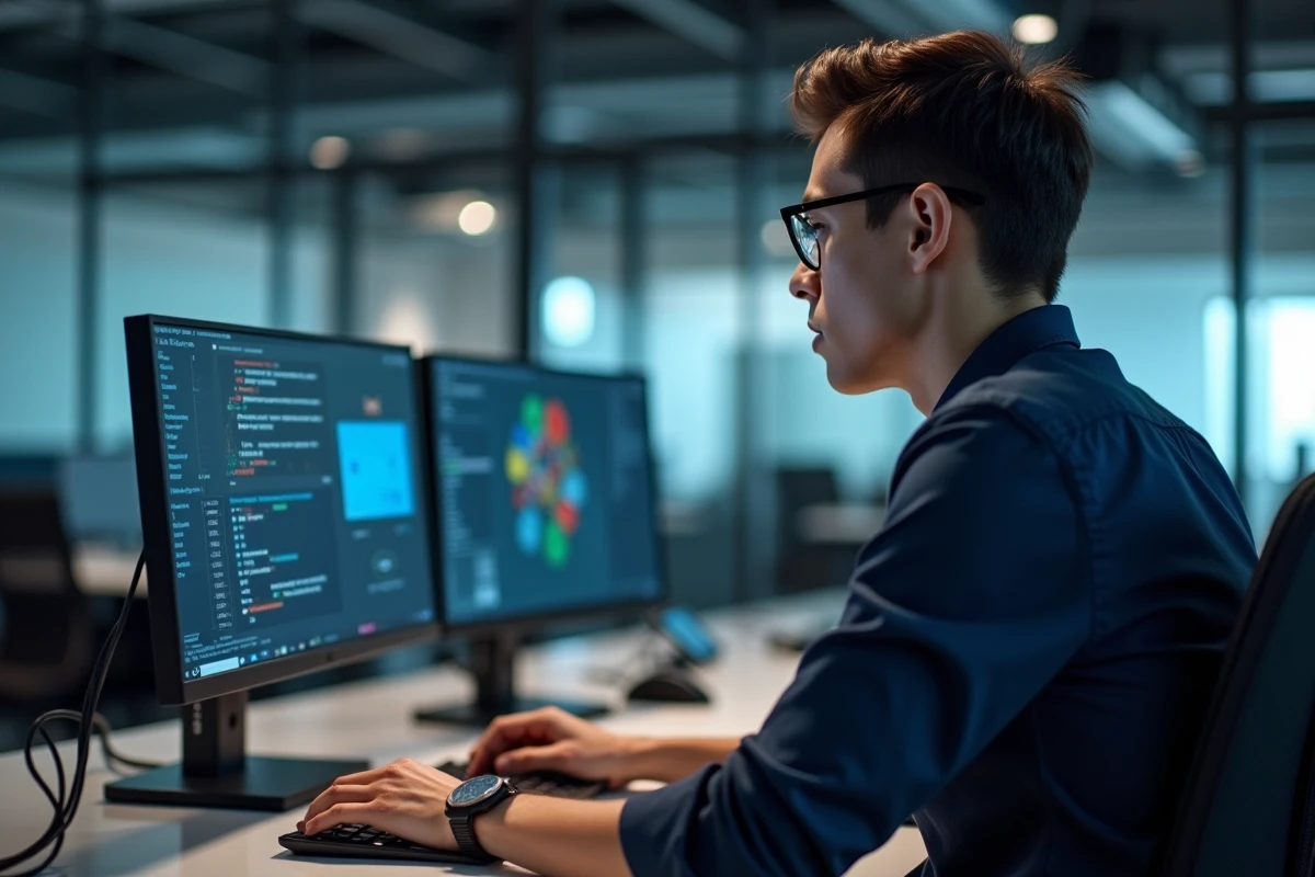 Jeune ingénieur en cybersécurité analysant des données sur deux écrans