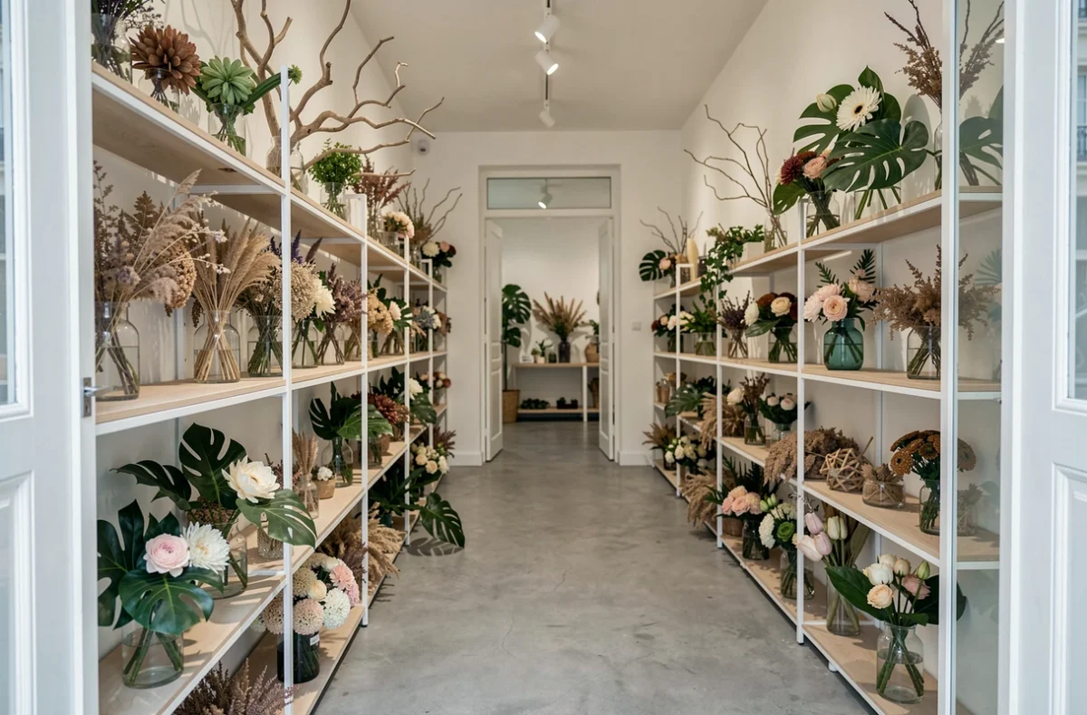 Intérieur élégant d'une boutique de fleuriste haut de gamme à Marseille avec compositions florales