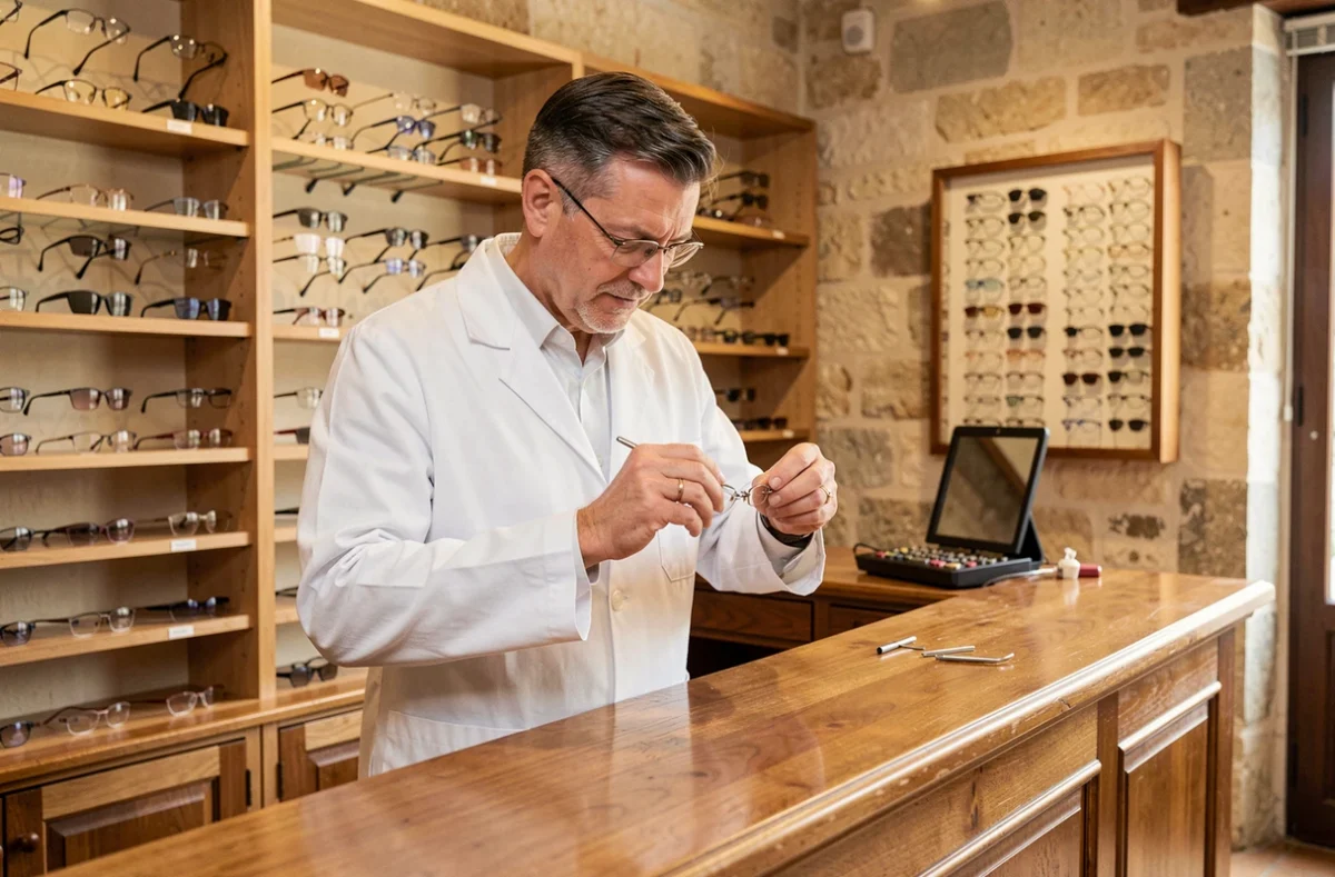 Opticien professionnel chez Jean François Lebrun SARL ajustant des lunettes derrière un comptoir en bois dans une boutique traditionnelle