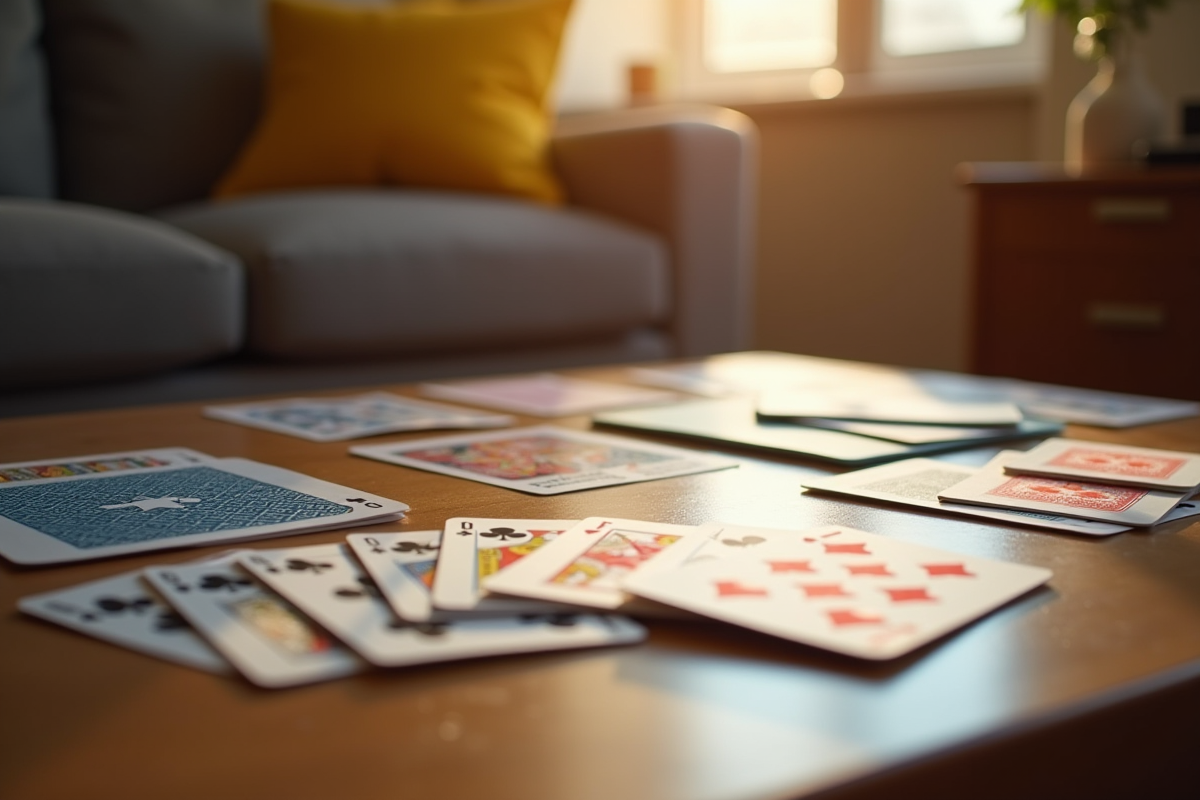 Gros plan sur une partie de Crapette avec cartes colorées sur une table en bois