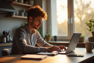 Jeune entrepreneur travaillant sur un ordinateur dans la cuisine