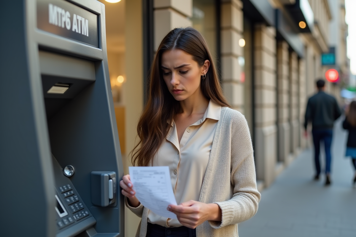 Jeune femme vérifie son solde à un distributeur automatique
