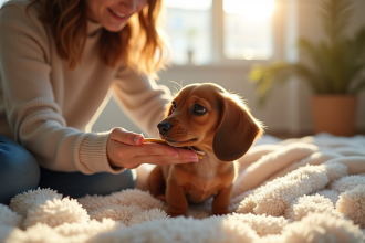 Jeune femme brossant un petit dachshund dans un salon lumineux
