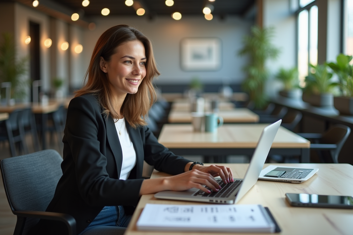 Jeune femme au bureau coworking avec ordinateur et sourire