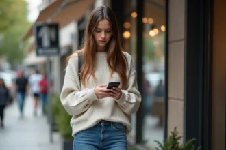 Jeune femme en jean et pull léger devant un café urbain