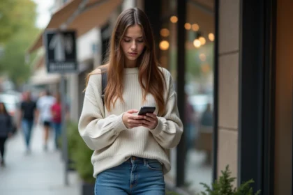 Jeune femme en jean et pull léger devant un café urbain