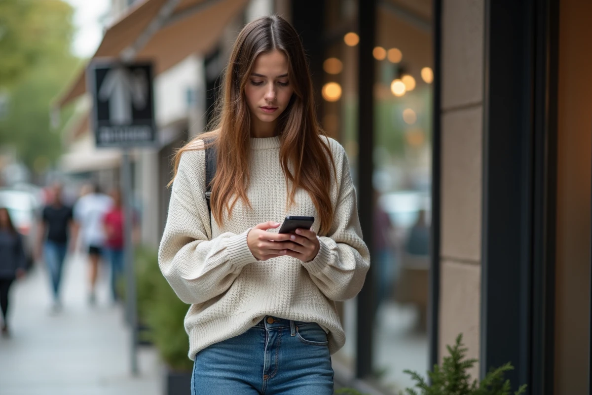 Jeune femme en jean et pull léger devant un café urbain