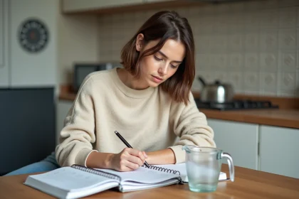 Jeune femme écrivant des conversions de mètres cubes en litres