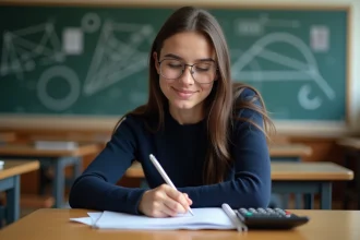 Jeune femme en classe calculant la surface d'un cercle