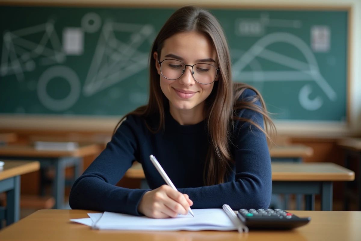 Jeune femme en classe calculant la surface d'un cercle