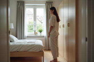 Jeune femme dans une chambre minimaliste et lumineuse