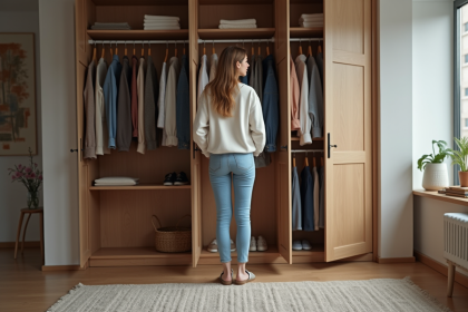 Jeune femme mode choisissant une tenue dans une chambre moderne