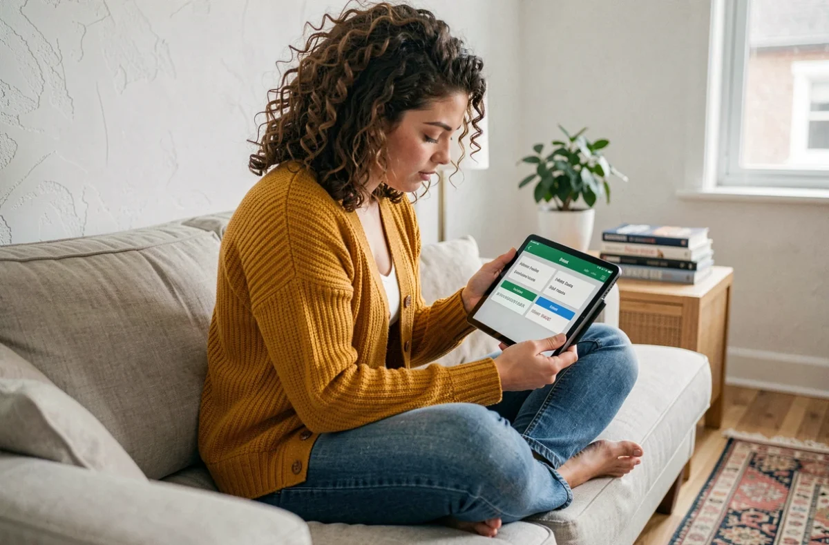 Jeune femme utilisant un outil bilingue de comptage d'emots sur une tablette dans un salon lumineux