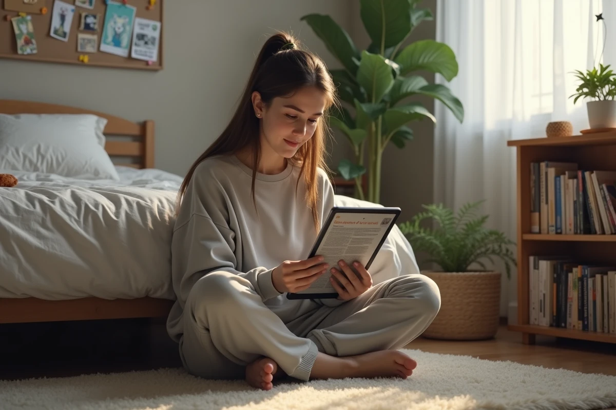 Jeune femme lisant un scan manga en français sur tablette dans sa chambre entourée de volumes et d'illustrations de fans épinglées au mur