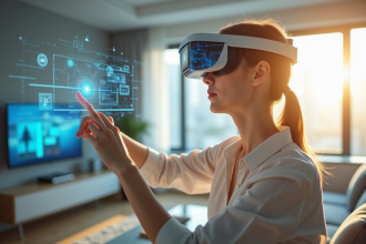 Jeune femme portant un casque de réalité augmentée dans un salon lumineux