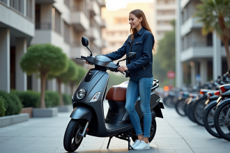 Jeune femme souriante avec scooter en ville moderne