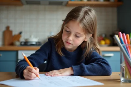 Jeune fille concentr&eacute;e remplissant une fiche de conversion litres